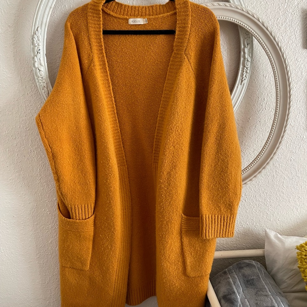 Womens Roolee brand mustard open front sweater